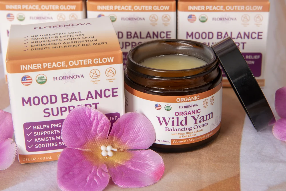 Florenova Wild Yam jar with mood balance support box and pink flowers